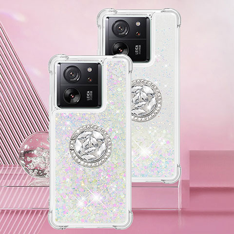 Custodia Silicone Cover Morbida Bling-Bling con Anello Supporto YB1 per Xiaomi Mi 13T 5G Argento