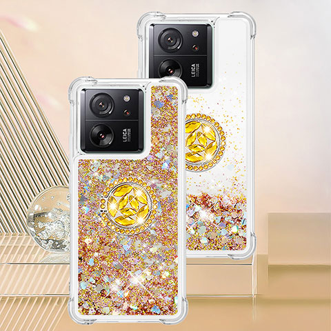 Custodia Silicone Cover Morbida Bling-Bling con Anello Supporto YB1 per Xiaomi Mi 13T Pro 5G Oro