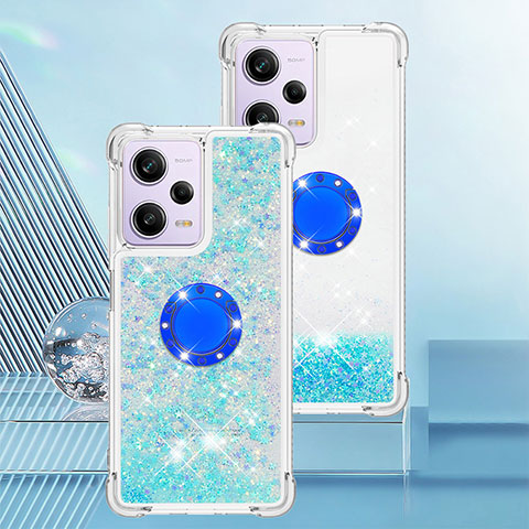 Custodia Silicone Cover Morbida Bling-Bling con Anello Supporto YB1 per Xiaomi Redmi Note 12 Pro 5G Cielo Blu