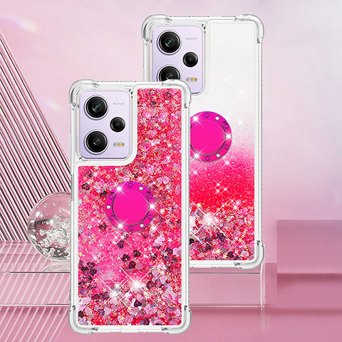 Custodia Silicone Cover Morbida Bling-Bling con Anello Supporto YB1 per Xiaomi Redmi Note 12 Pro 5G Rosa Caldo