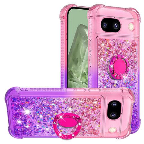 Custodia Silicone Cover Morbida Bling-Bling con Anello Supporto YB2 per Google Pixel 8a 5G Rosa Caldo