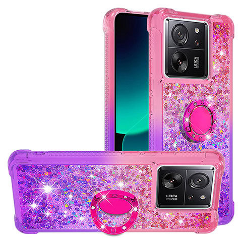 Custodia Silicone Cover Morbida Bling-Bling con Anello Supporto YB2 per Xiaomi Mi 13T 5G Rosa Caldo