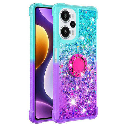 Custodia Silicone Cover Morbida Bling-Bling con Anello Supporto YB2 per Xiaomi Poco F5 5G Cielo Blu