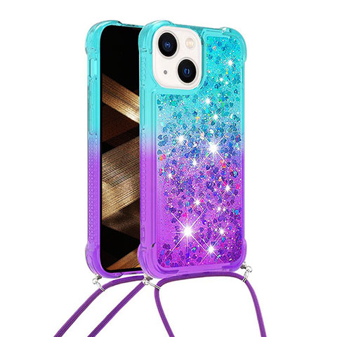 Custodia Silicone Cover Morbida Bling-Bling con Cinghia Cordino Mano S01 per Apple iPhone 13 Cielo Blu