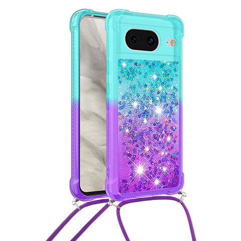 Custodia Silicone Cover Morbida Bling-Bling con Cinghia Cordino Mano S01 per Google Pixel 8 5G Cielo Blu