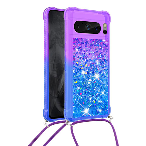 Custodia Silicone Cover Morbida Bling-Bling con Cinghia Cordino Mano S01 per Google Pixel 8 Pro 5G Viola