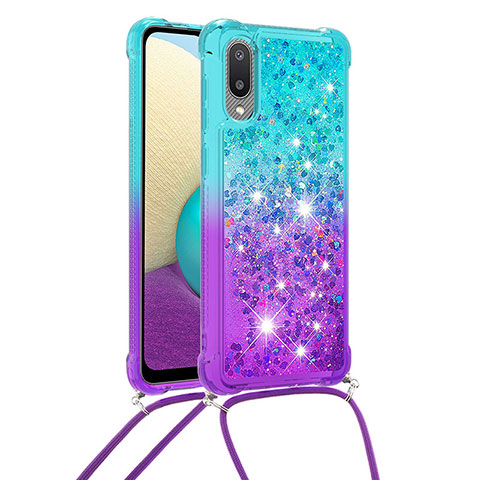 Custodia Silicone Cover Morbida Bling-Bling con Cinghia Cordino Mano S01 per Samsung Galaxy A02 Cielo Blu