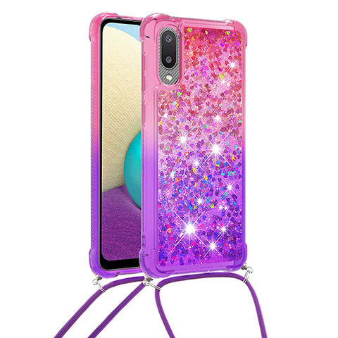 Custodia Silicone Cover Morbida Bling-Bling con Cinghia Cordino Mano S01 per Samsung Galaxy A02 Rosa