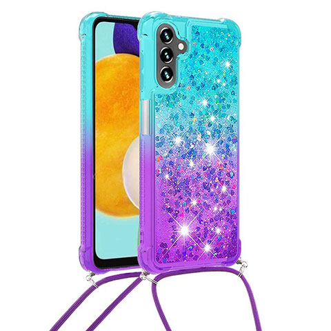 Custodia Silicone Cover Morbida Bling-Bling con Cinghia Cordino Mano S01 per Samsung Galaxy A04s Cielo Blu