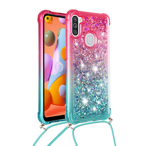 Custodia Silicone Cover Morbida Bling-Bling con Cinghia Cordino Mano S01 per Samsung Galaxy A11 Rosa