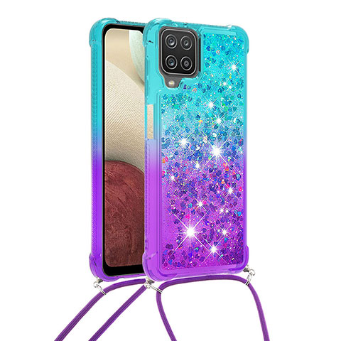 Custodia Silicone Cover Morbida Bling-Bling con Cinghia Cordino Mano S01 per Samsung Galaxy A12 5G Cielo Blu