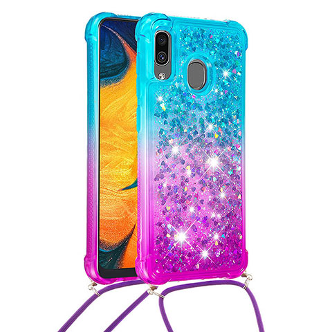 Custodia Silicone Cover Morbida Bling-Bling con Cinghia Cordino Mano S01 per Samsung Galaxy A20 Cielo Blu