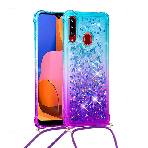 Custodia Silicone Cover Morbida Bling-Bling con Cinghia Cordino Mano S01 per Samsung Galaxy A20s Cielo Blu