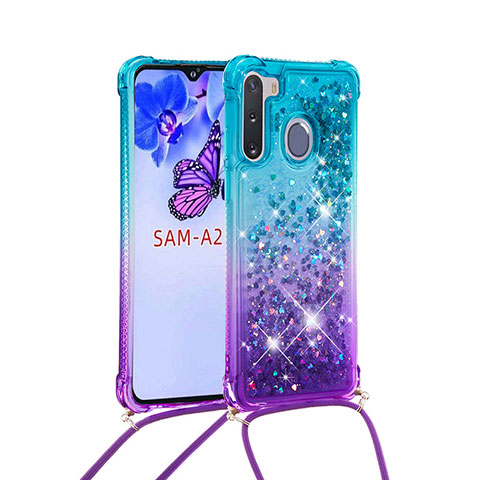 Custodia Silicone Cover Morbida Bling-Bling con Cinghia Cordino Mano S01 per Samsung Galaxy A21 European Cielo Blu