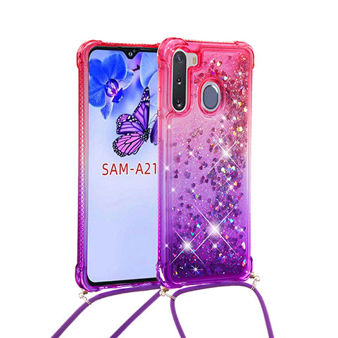 Custodia Silicone Cover Morbida Bling-Bling con Cinghia Cordino Mano S01 per Samsung Galaxy A21 European Rosa Caldo