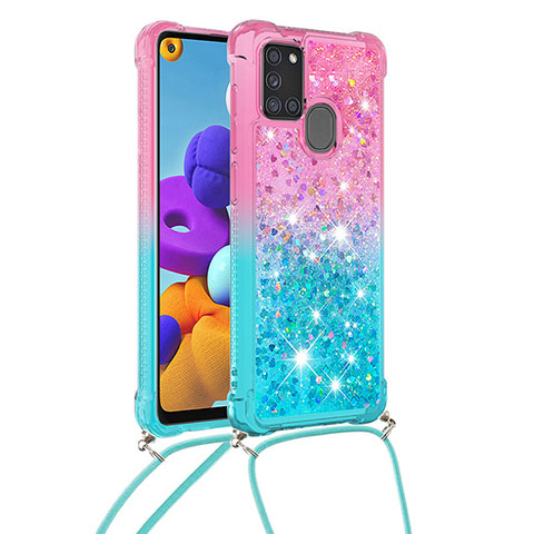 Custodia Silicone Cover Morbida Bling-Bling con Cinghia Cordino Mano S01 per Samsung Galaxy A21s Rosa