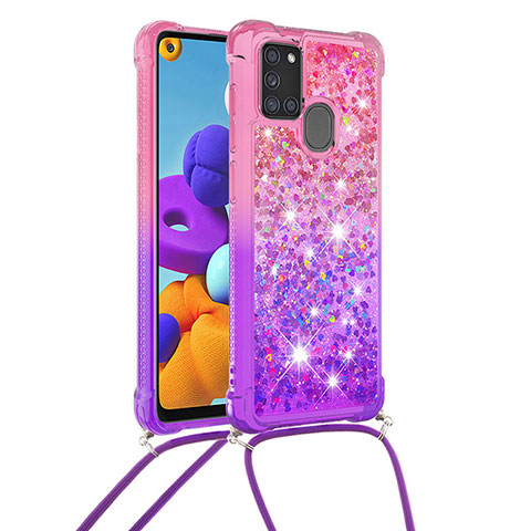 Custodia Silicone Cover Morbida Bling-Bling con Cinghia Cordino Mano S01 per Samsung Galaxy A21s Rosa Caldo