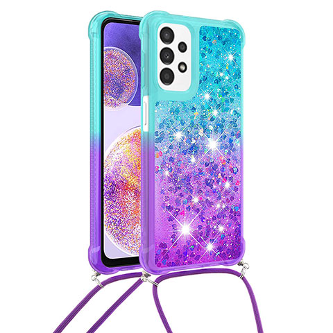 Custodia Silicone Cover Morbida Bling-Bling con Cinghia Cordino Mano S01 per Samsung Galaxy A23 5G Cielo Blu