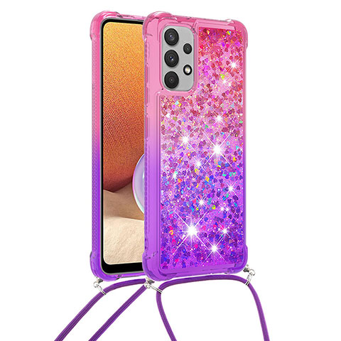 Custodia Silicone Cover Morbida Bling-Bling con Cinghia Cordino Mano S01 per Samsung Galaxy A32 4G Rosa Caldo