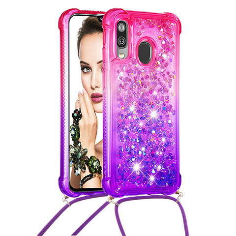 Custodia Silicone Cover Morbida Bling-Bling con Cinghia Cordino Mano S01 per Samsung Galaxy A40 Rosa Caldo