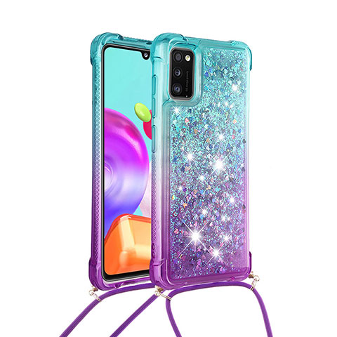 Custodia Silicone Cover Morbida Bling-Bling con Cinghia Cordino Mano S01 per Samsung Galaxy A41 Cielo Blu