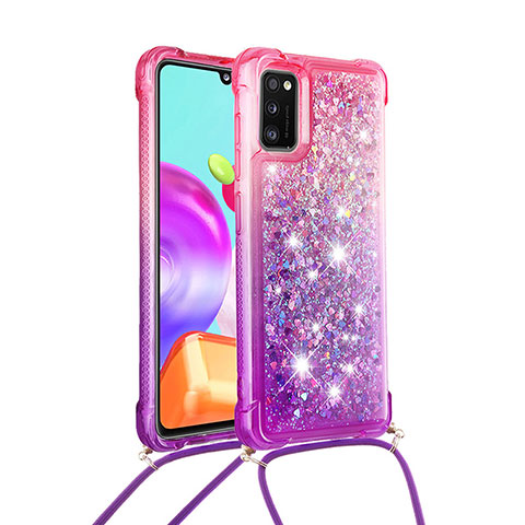 Custodia Silicone Cover Morbida Bling-Bling con Cinghia Cordino Mano S01 per Samsung Galaxy A41 Rosa Caldo