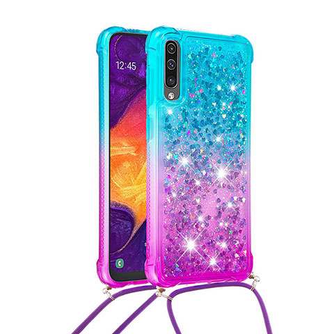 Custodia Silicone Cover Morbida Bling-Bling con Cinghia Cordino Mano S01 per Samsung Galaxy A50 Cielo Blu