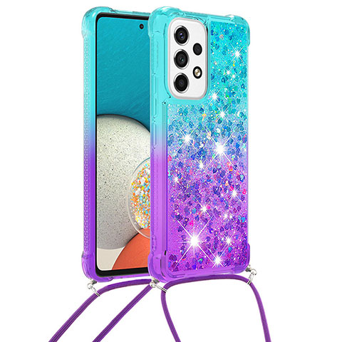 Custodia Silicone Cover Morbida Bling-Bling con Cinghia Cordino Mano S01 per Samsung Galaxy A53 5G Cielo Blu