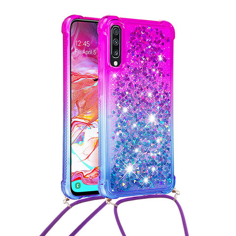 Custodia Silicone Cover Morbida Bling-Bling con Cinghia Cordino Mano S01 per Samsung Galaxy A70S Viola