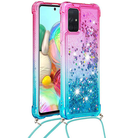 Custodia Silicone Cover Morbida Bling-Bling con Cinghia Cordino Mano S01 per Samsung Galaxy A71 4G A715 Rosa