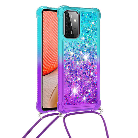 Custodia Silicone Cover Morbida Bling-Bling con Cinghia Cordino Mano S01 per Samsung Galaxy A72 4G Cielo Blu