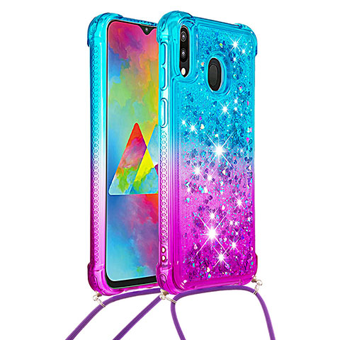 Custodia Silicone Cover Morbida Bling-Bling con Cinghia Cordino Mano S01 per Samsung Galaxy M20 Cielo Blu