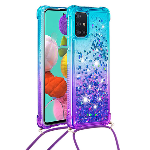 Custodia Silicone Cover Morbida Bling-Bling con Cinghia Cordino Mano S01 per Samsung Galaxy M40S Cielo Blu