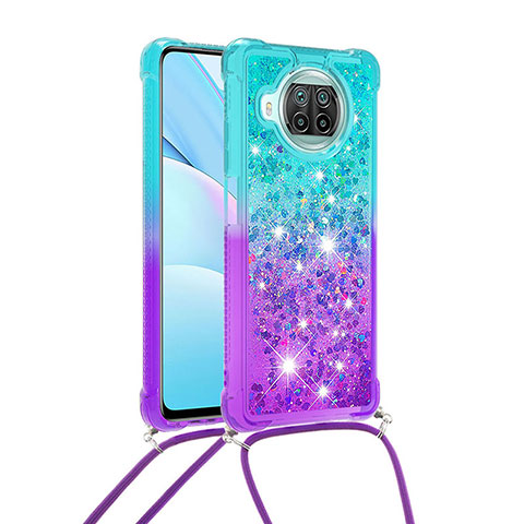 Custodia Silicone Cover Morbida Bling-Bling con Cinghia Cordino Mano S01 per Xiaomi Mi 10i 5G Cielo Blu