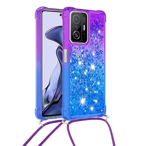 Custodia Silicone Cover Morbida Bling-Bling con Cinghia Cordino Mano S01 per Xiaomi Mi 11T 5G Viola