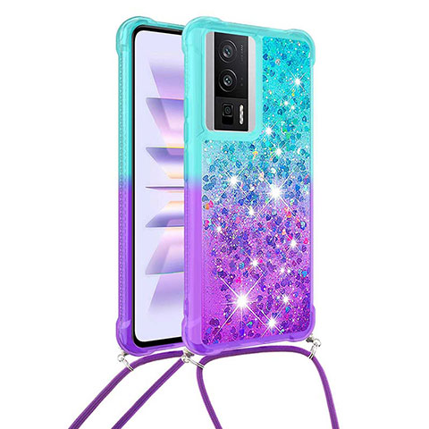 Custodia Silicone Cover Morbida Bling-Bling con Cinghia Cordino Mano S01 per Xiaomi Redmi K60 5G Cielo Blu