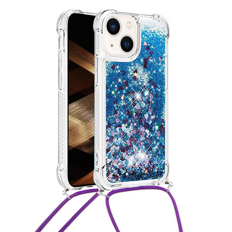 Custodia Silicone Cover Morbida Bling-Bling con Cinghia Cordino Mano S02 per Apple iPhone 14 Blu