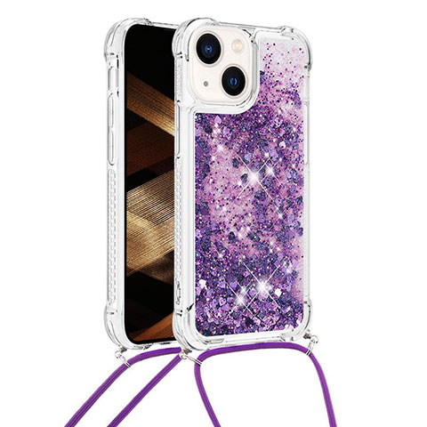 Custodia Silicone Cover Morbida Bling-Bling con Cinghia Cordino Mano S02 per Apple iPhone 14 Plus Viola