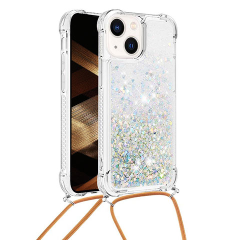 Custodia Silicone Cover Morbida Bling-Bling con Cinghia Cordino Mano S02 per Apple iPhone 15 Argento