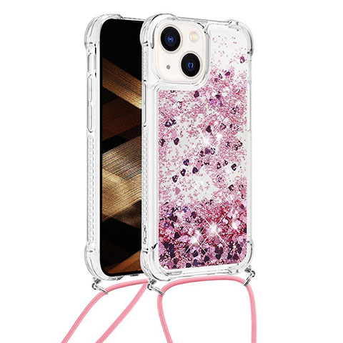 Custodia Silicone Cover Morbida Bling-Bling con Cinghia Cordino Mano S02 per Apple iPhone 15 Lavanda