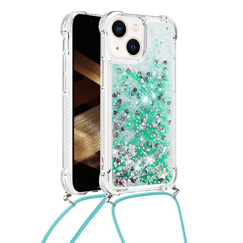 Custodia Silicone Cover Morbida Bling-Bling con Cinghia Cordino Mano S02 per Apple iPhone 15 Verde