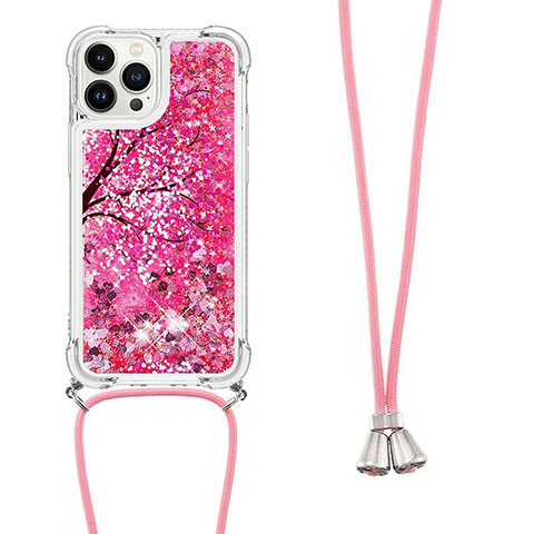 Custodia Silicone Cover Morbida Bling-Bling con Cinghia Cordino Mano S02 per Apple iPhone 16 Pro Max Rosso