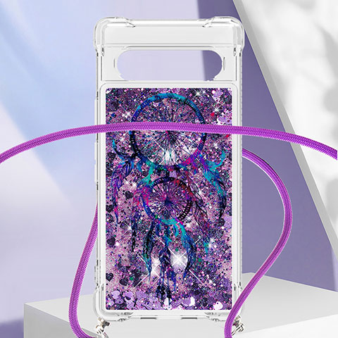 Custodia Silicone Cover Morbida Bling-Bling con Cinghia Cordino Mano S02 per Google Pixel 7a 5G Viola