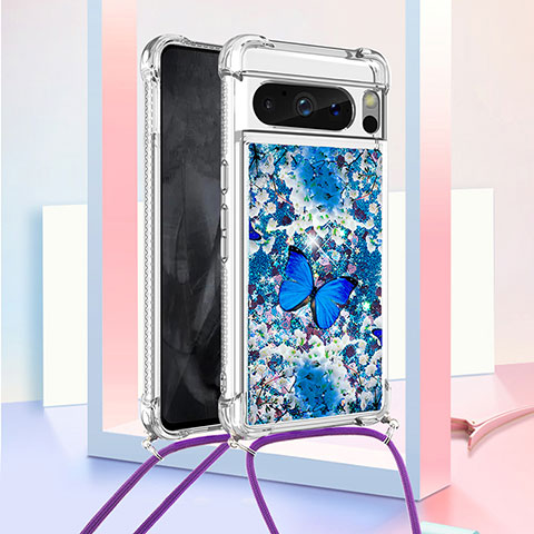 Custodia Silicone Cover Morbida Bling-Bling con Cinghia Cordino Mano S02 per Google Pixel 8 Pro 5G Blu