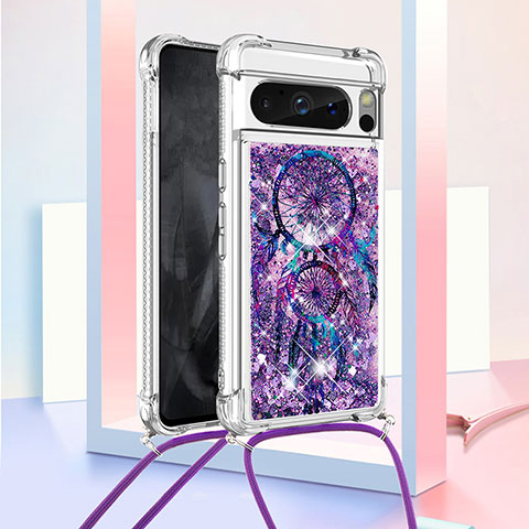 Custodia Silicone Cover Morbida Bling-Bling con Cinghia Cordino Mano S02 per Google Pixel 8 Pro 5G Viola