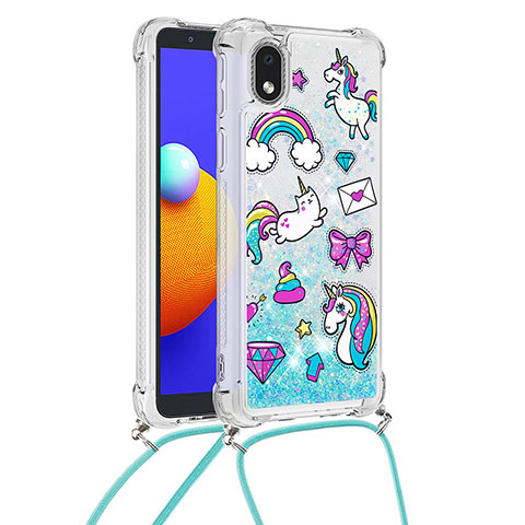 Custodia Silicone Cover Morbida Bling-Bling con Cinghia Cordino Mano S02 per Samsung Galaxy A01 Core Cielo Blu