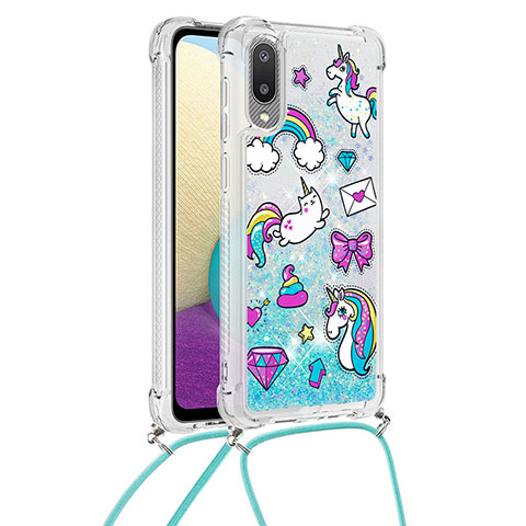 Custodia Silicone Cover Morbida Bling-Bling con Cinghia Cordino Mano S02 per Samsung Galaxy A02 Cielo Blu