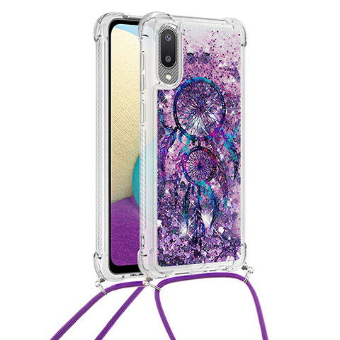 Custodia Silicone Cover Morbida Bling-Bling con Cinghia Cordino Mano S02 per Samsung Galaxy A02 Viola