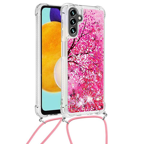 Custodia Silicone Cover Morbida Bling-Bling con Cinghia Cordino Mano S02 per Samsung Galaxy A04s Rosa Caldo