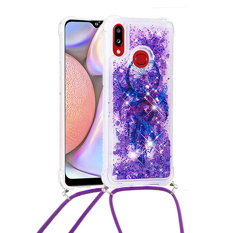 Custodia Silicone Cover Morbida Bling-Bling con Cinghia Cordino Mano S02 per Samsung Galaxy A10s Viola